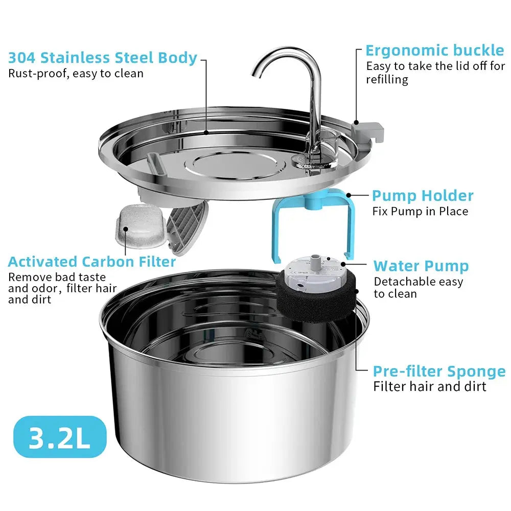 3.2L Premium Stainless Steel Pet Drinking Fountain Pawvora