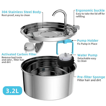 3.2L Premium Stainless Steel Pet Drinking Fountain Pawvora